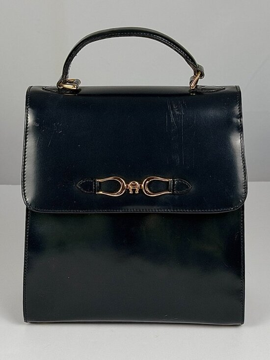 Etienne Aigner Handbags - Etienne Aigner Navy Patent Leather Top-Handle Kelly / Doctor Bag - 1970s/80s